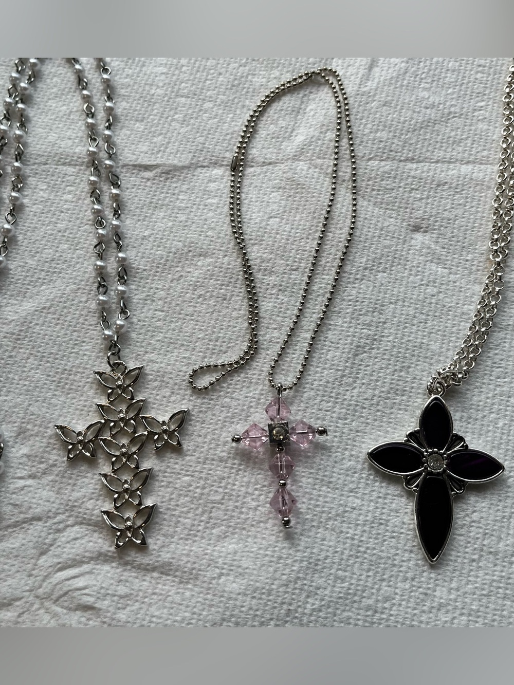 Set of 3 Vintage Silvertone Chain Cross Necklaces